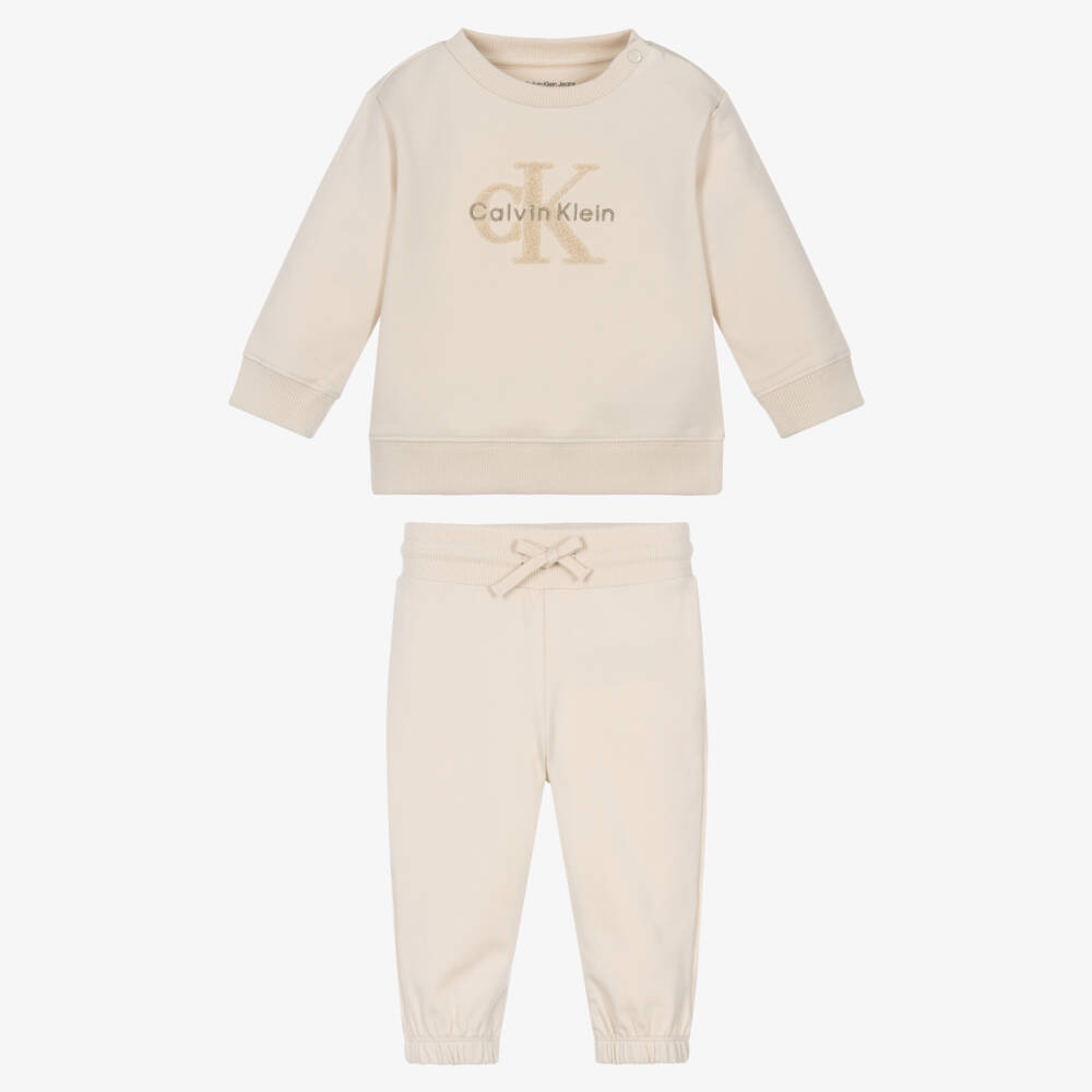 Calvin Klein-Boys Beige Cotton Tracksuit with Bouclé Logo | Childrensalon Outlet