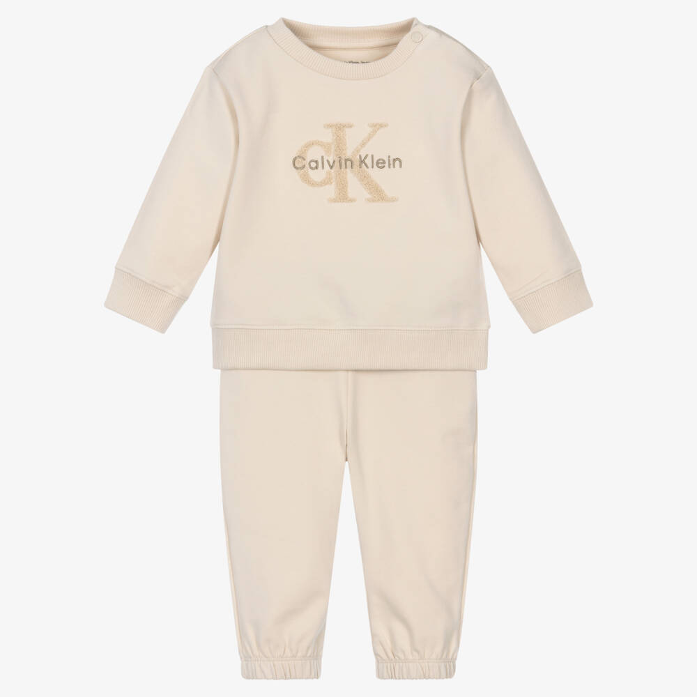 Calvin Klein-Boys Beige Cotton Tracksuit with Bouclé Logo | Childrensalon Outlet