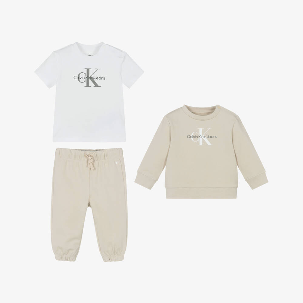 Calvin Klein-Boys Beige Monogrammed Cotton Ensemble | Childrensalon Outlet