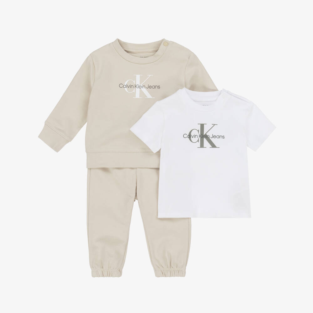 Calvin Klein-Boys Beige Monogrammed Cotton Ensemble | Childrensalon Outlet