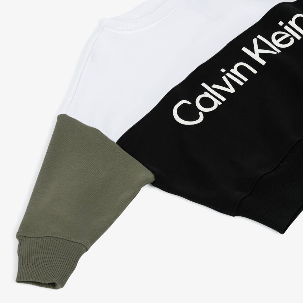 Calvin Klein-Boys Black Cotton Colour Block Logo Sweatshirt | Childrensalon Outlet