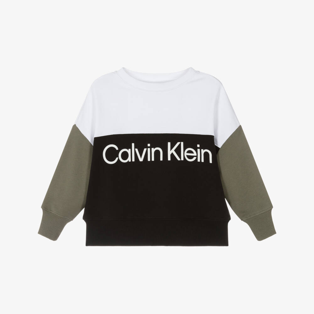 Calvin Klein-Boys Black Cotton Colour Block Logo Sweatshirt | Childrensalon Outlet