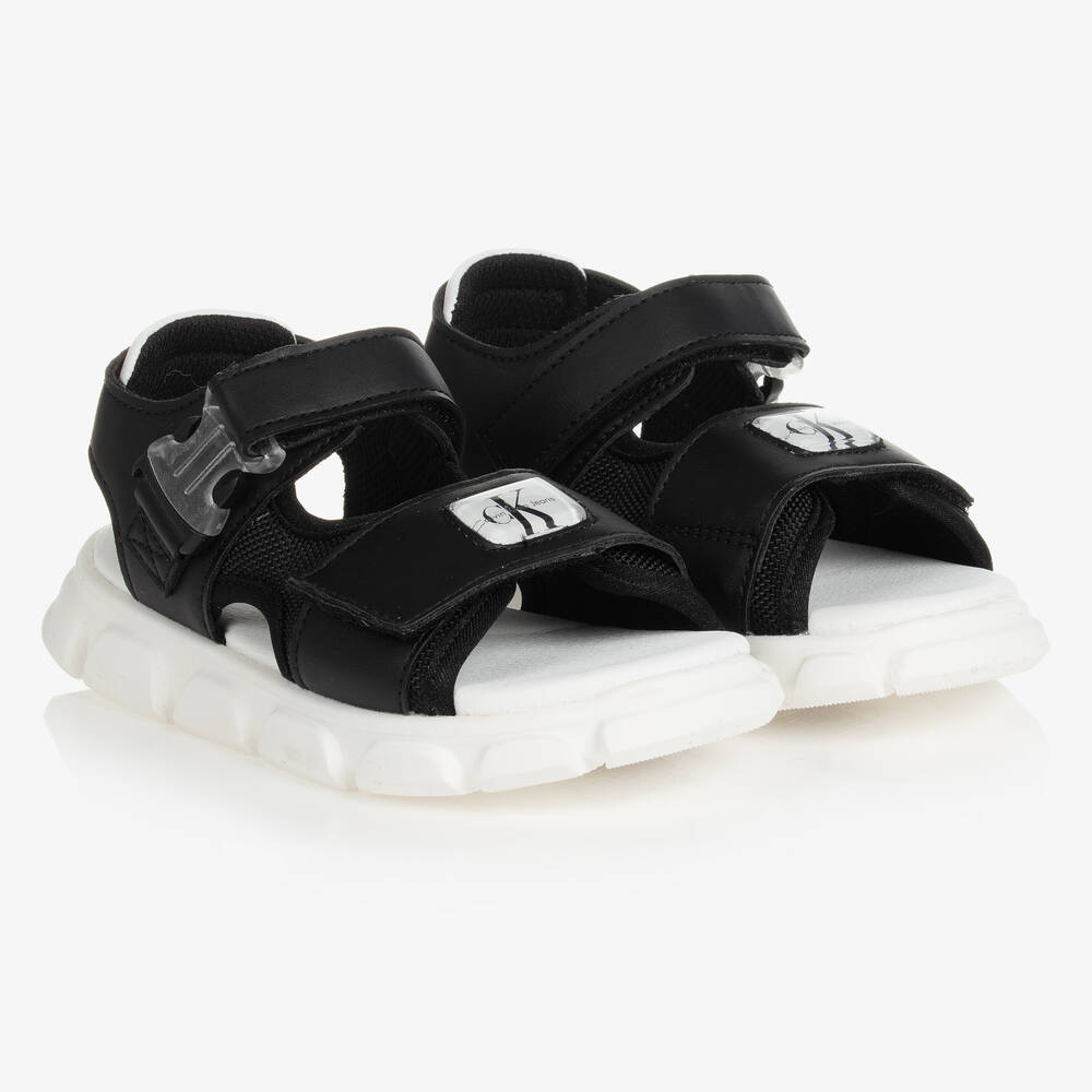 Calvin Klein Jeans-Boys Black & White Logo Sandals | Childrensalon Outlet
