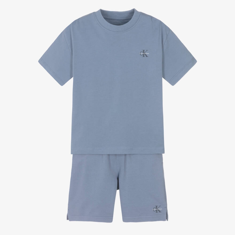 Calvin Klein-Boys Blue Cotton Jersey Shorts Set with Monogram Logos | Childrensalon Outlet