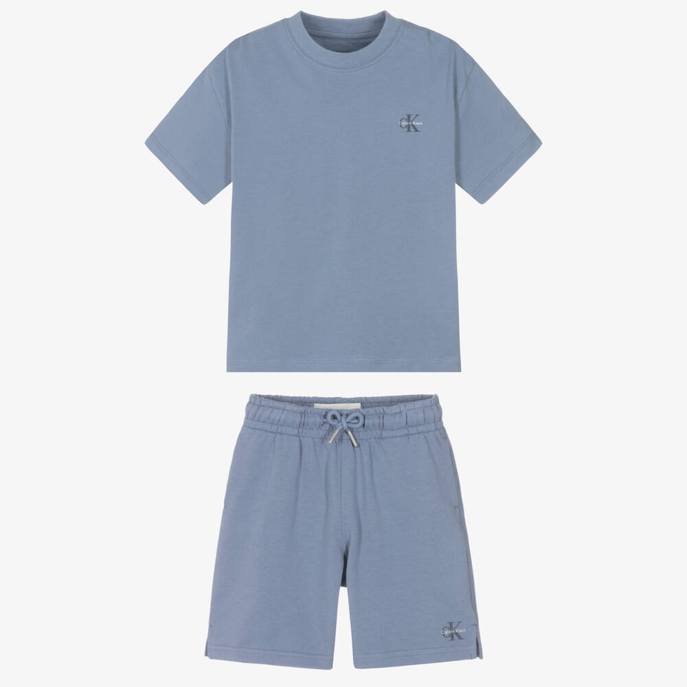 Calvin Klein-Boys Blue Cotton Jersey Shorts Set with Monogram Logos | Childrensalon Outlet