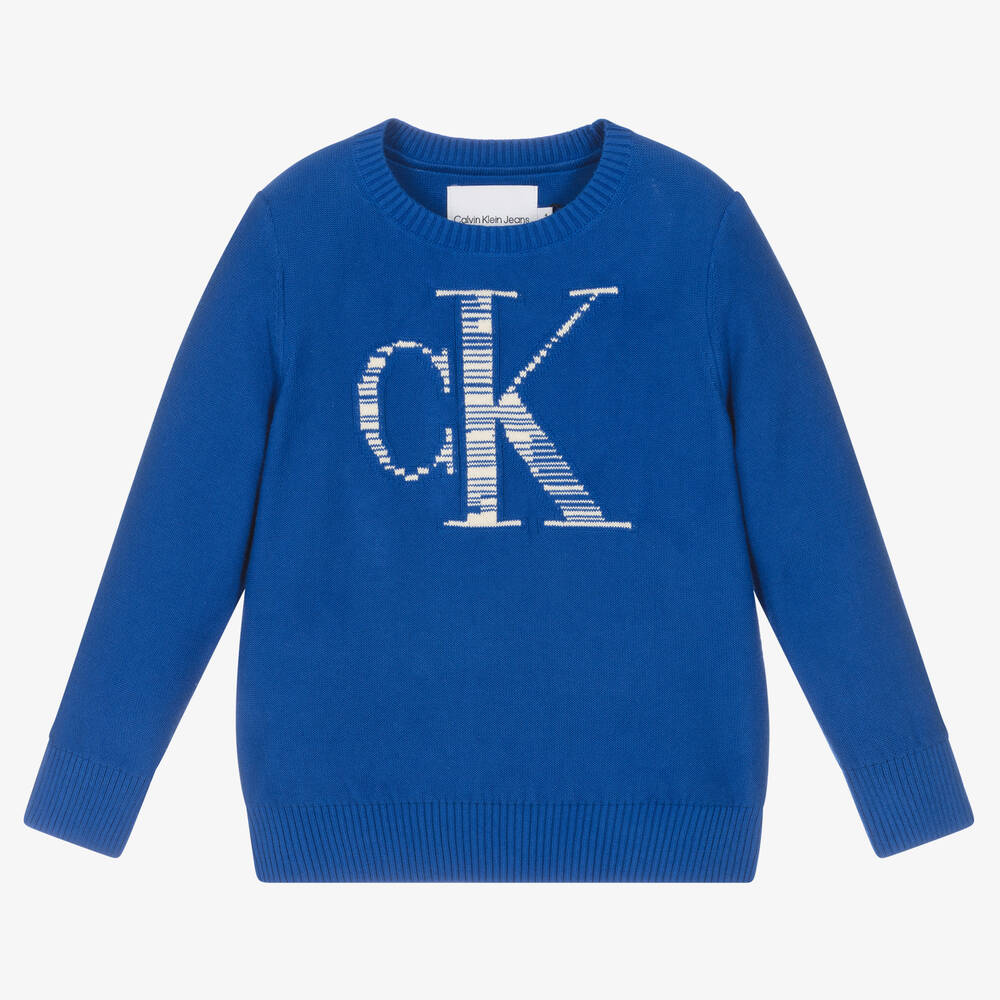 Calvin Klein Jeans - كنزة قطن محبوك لون أزرق للأولاد | Childrensalon