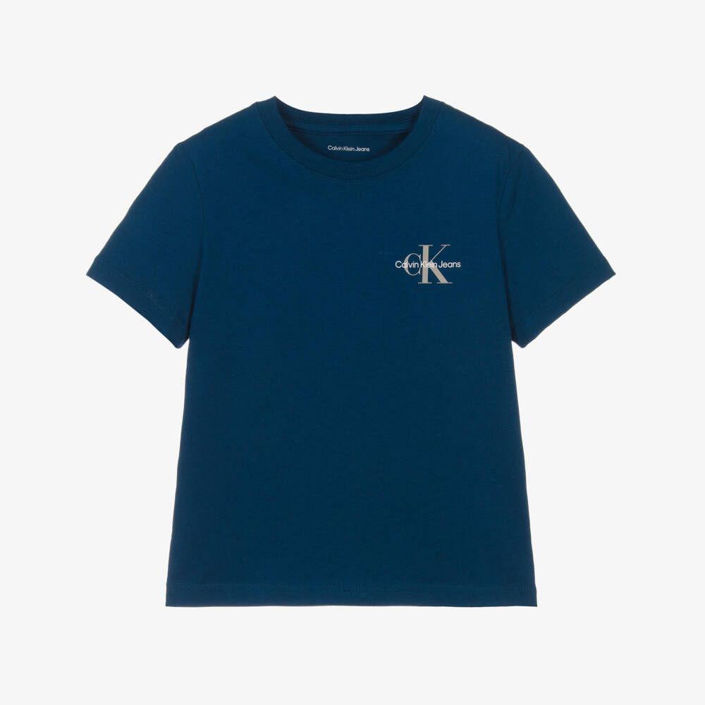 Calvin Klein-Boys Blue Cotton Monogram Logo T-Shirt | Childrensalon Outlet