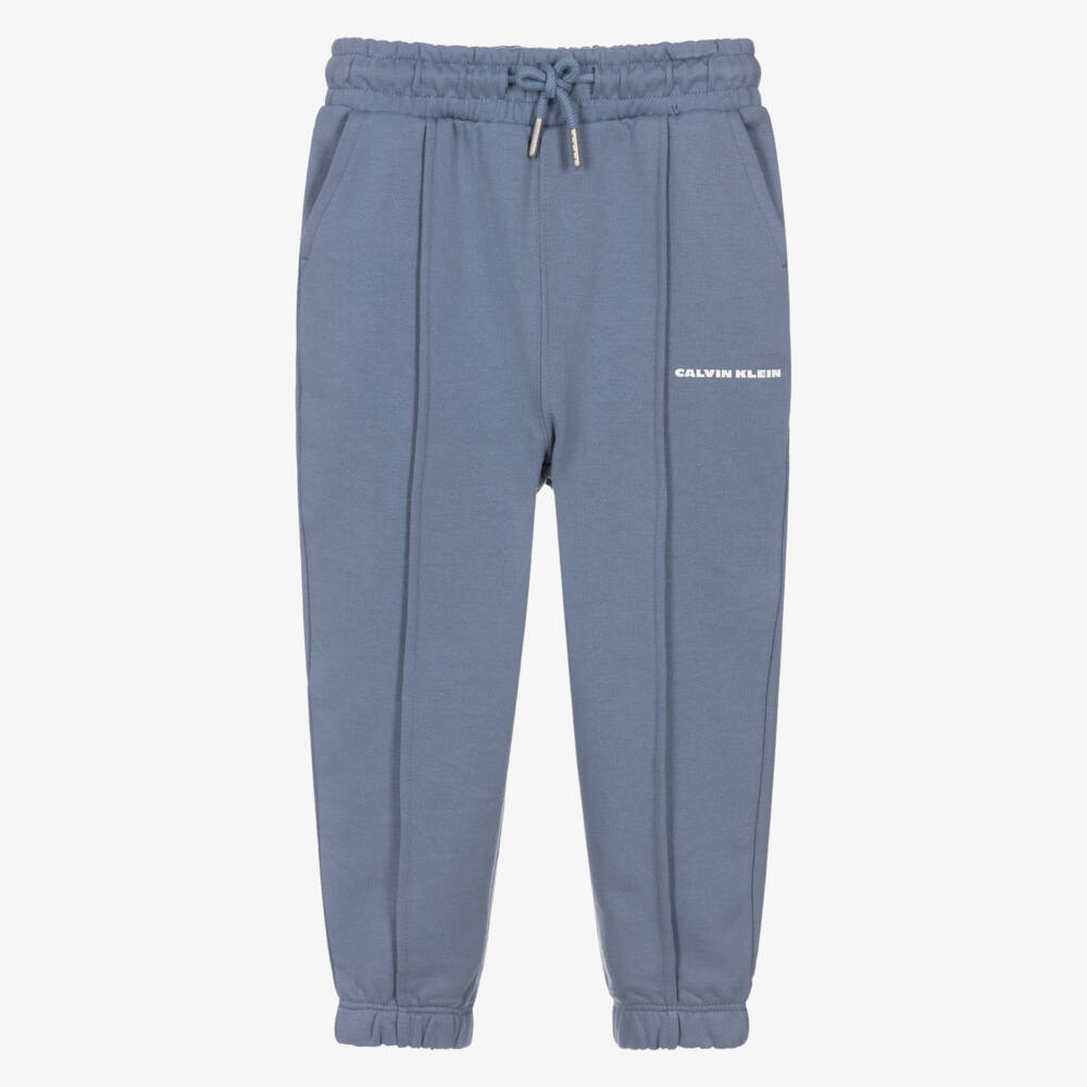 Calvin Klein-Boys Blue Cotton Pintuck Joggers with White Logo | Childrensalon Outlet