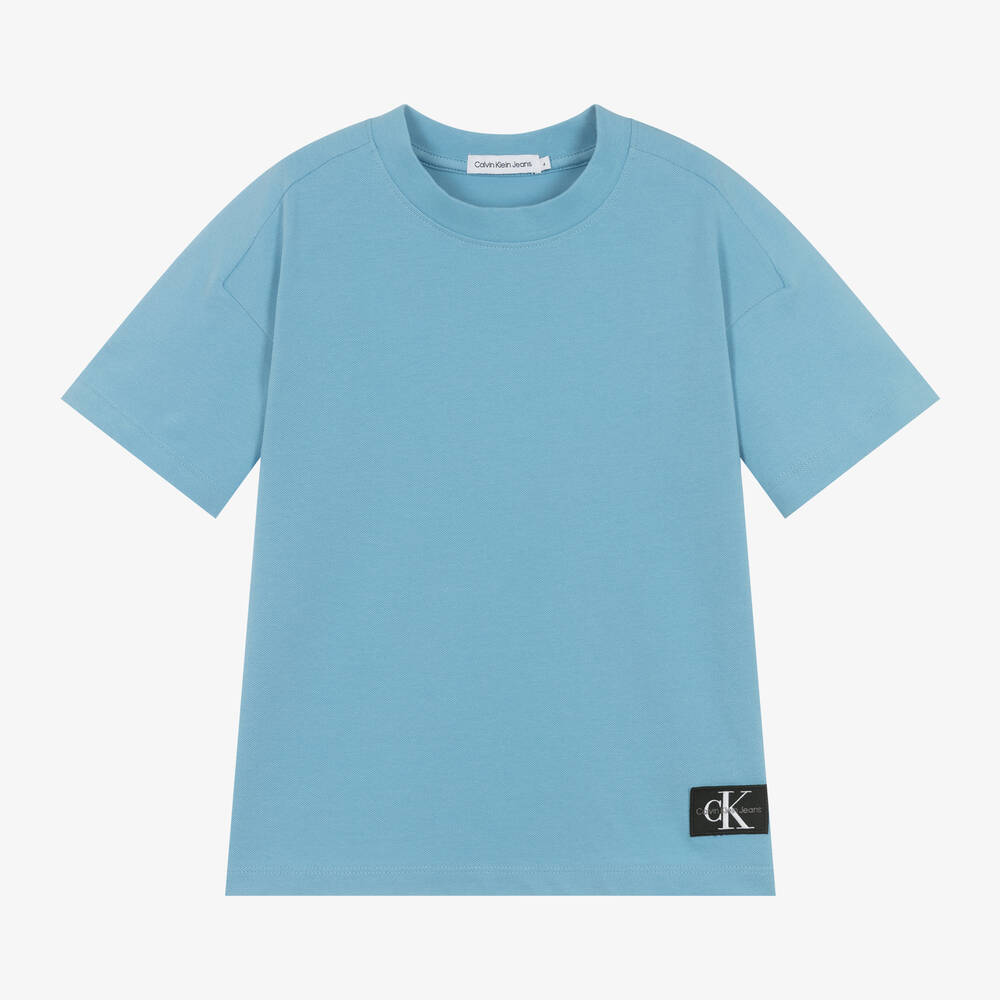 Calvin Klein-Boys Blue Cotton Piqué Label T-Shirt | Childrensalon Outlet