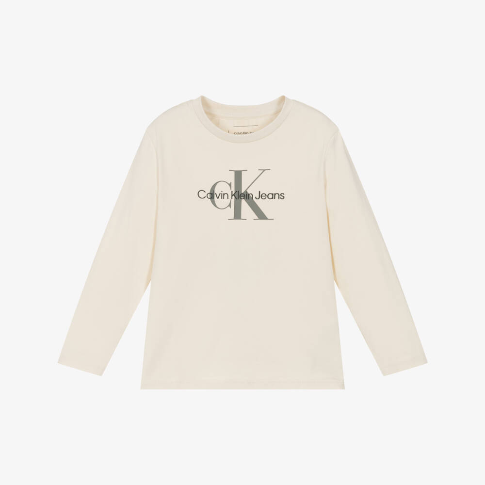 Calvin Klein-بلوفر كلاسيكي من القطن البيج للأولاد | Childrensalon Outlet