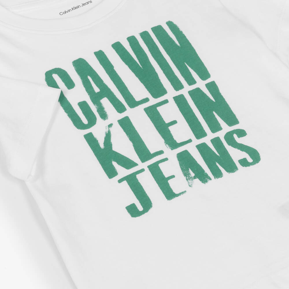 Calvin Klein-Boys Distressed Logo White Tee | Childrensalon Outlet