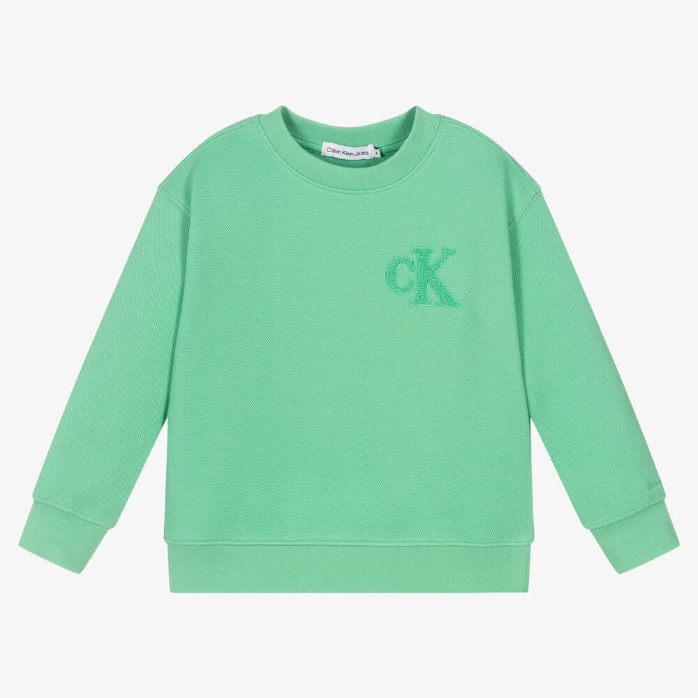 Calvin Klein Jeans - سويتشيرت قطن بيكيه لون أخضر للأولاد | Childrensalon