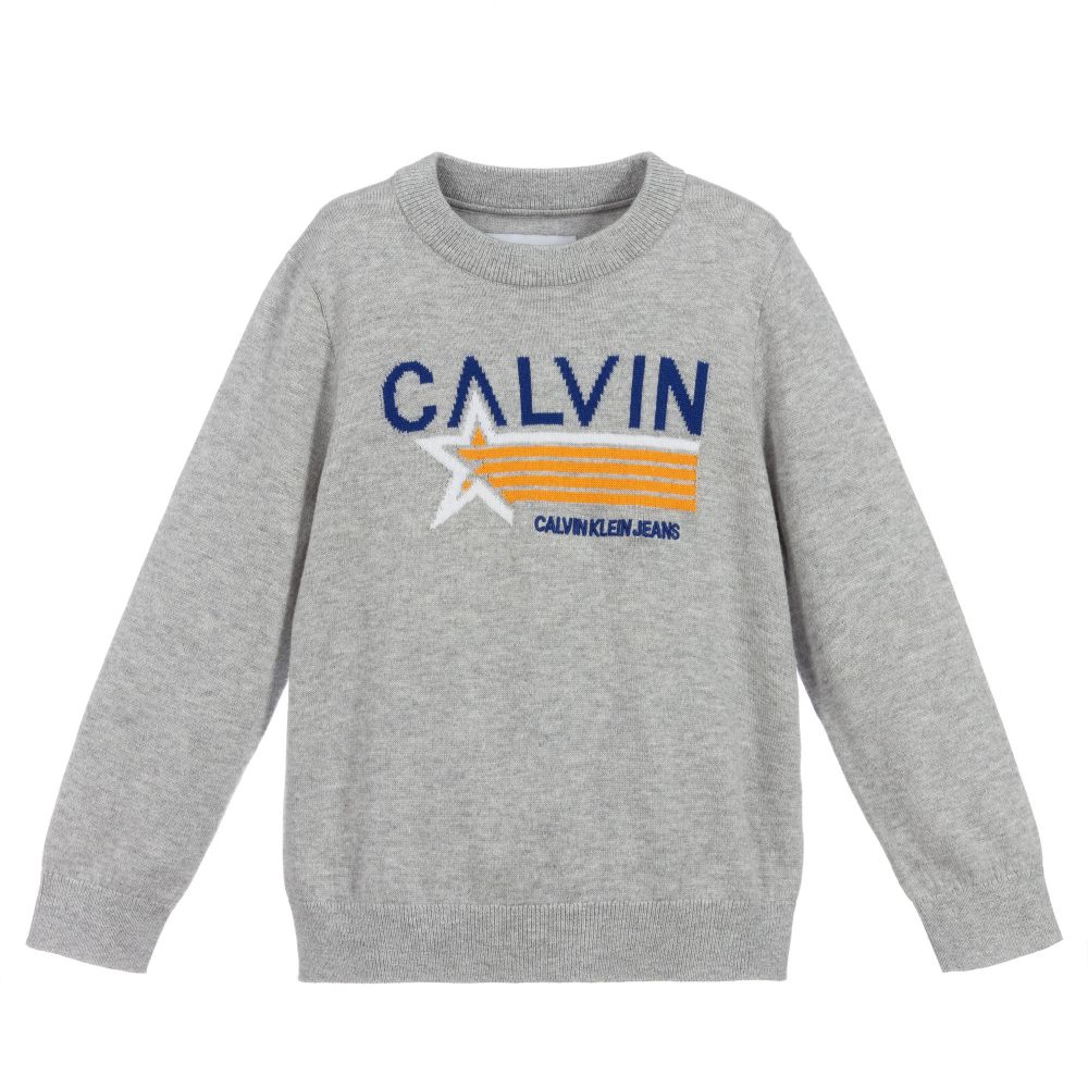 Calvin Klein Jeans - كنزة قطن عضوي محبوك لون رمادي وأزرق للأولاد | Childrensalon