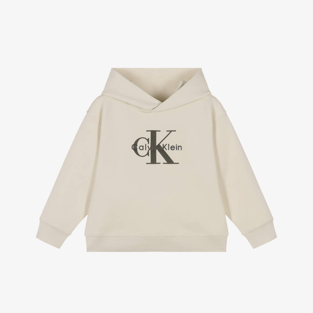 Calvin Klein-Boys Ivory Cotton Hoodie with Grey Monogram Logo | Childrensalon Outlet