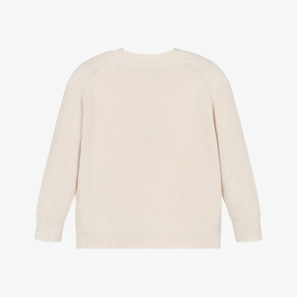 Calvin Klein-Boys Ivory Cotton Knit Sweater with Blue Bouclé Monogram Logo | Childrensalon Outlet