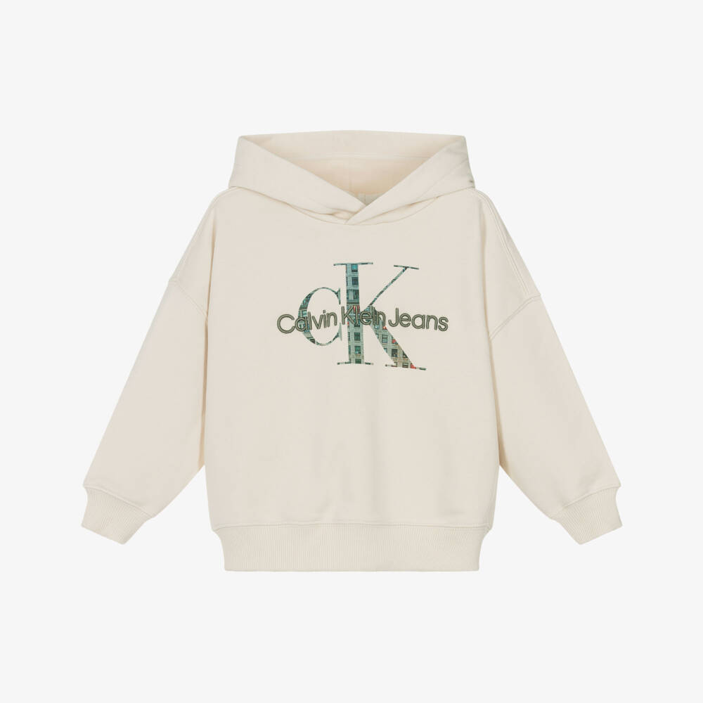 Calvin Klein-Boys Ivory Cotton Monogram Logo Hoodie | Childrensalon Outlet