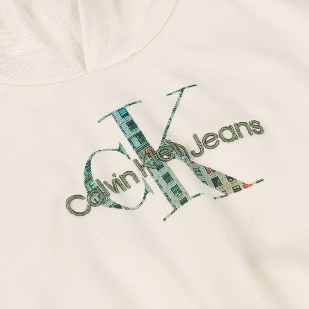 Calvin Klein-Boys Ivory Cotton Monogram Logo Hoodie | Childrensalon Outlet