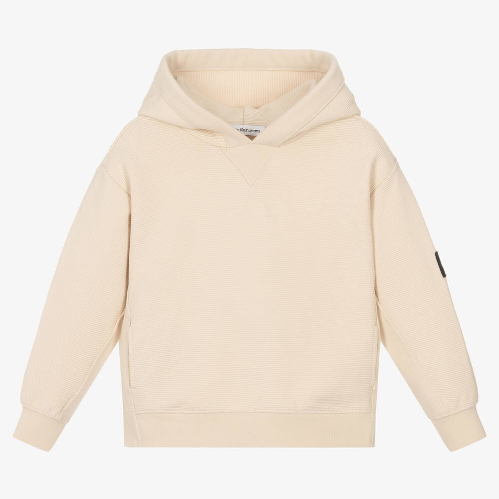 Calvin Klein Jeans - Boys Ivory Ribbed Cotton Logo Hoodie | Childrensalon