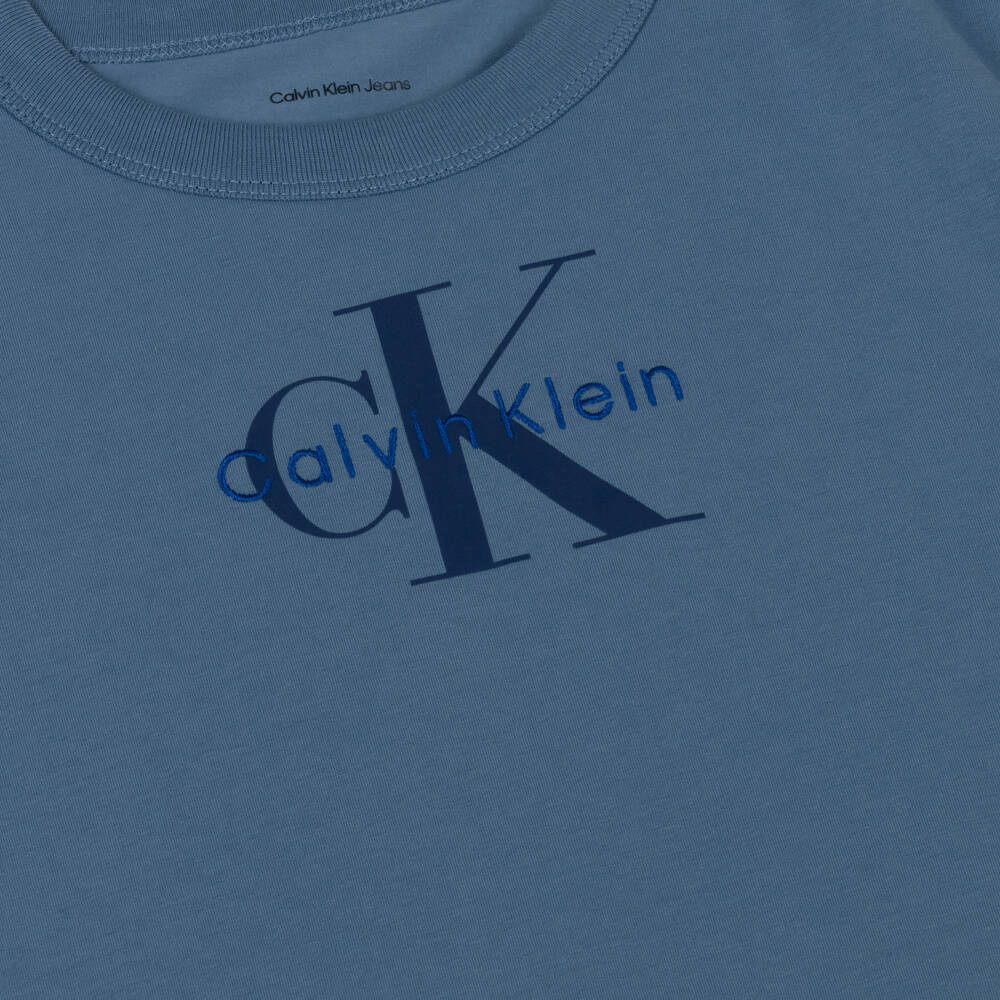 Calvin Klein-Boys Mid-Blue Cotton T-shirt with Monogram Logo | Childrensalon Outlet