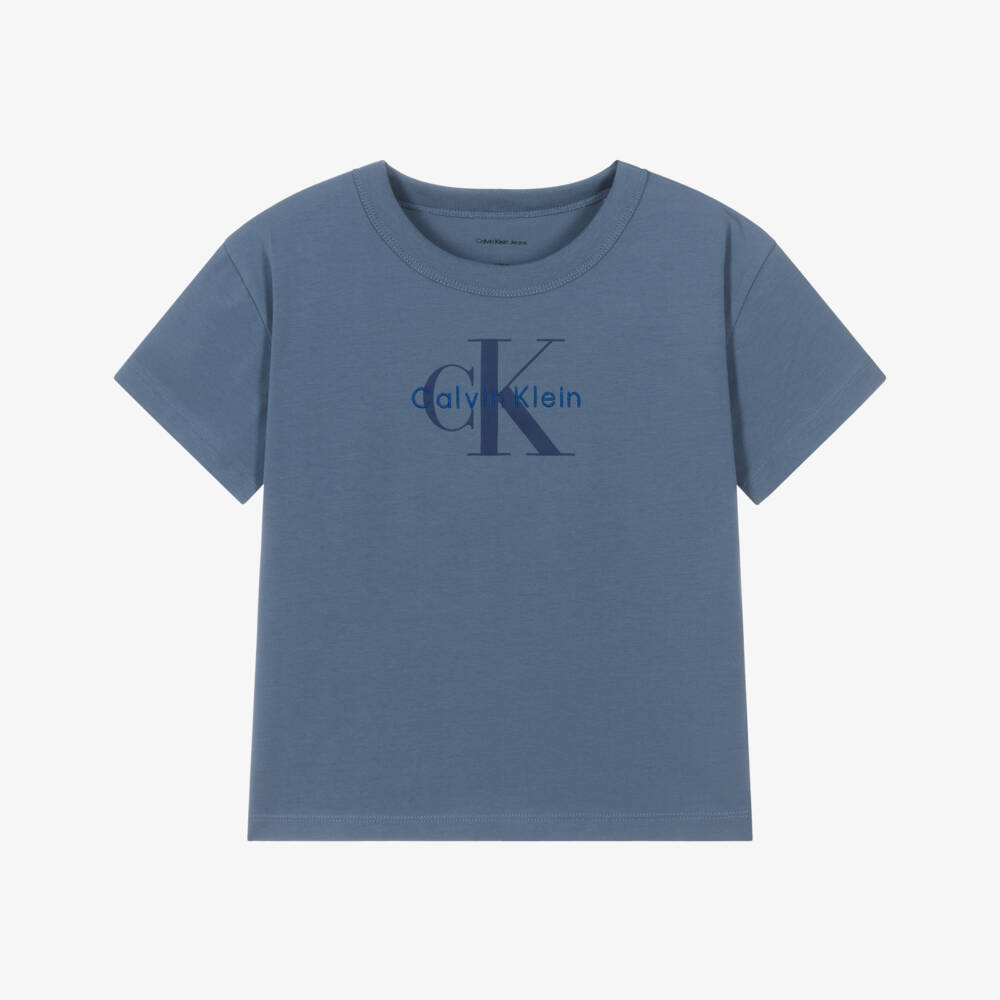 Calvin Klein-Boys Mid-Blue Cotton T-shirt with Monogram Logo | Childrensalon Outlet