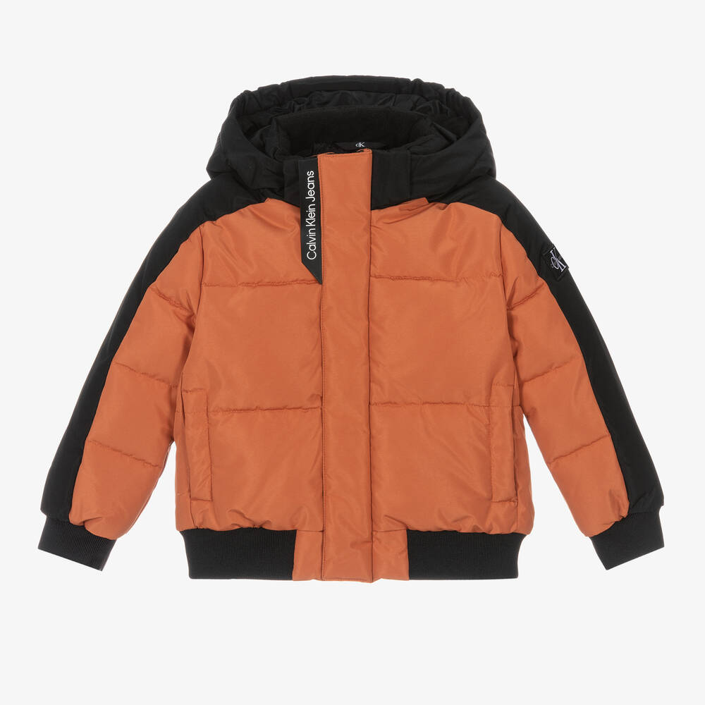 Calvin Klein - Boys Orange & Black Puffer Jacket | Childrensalon