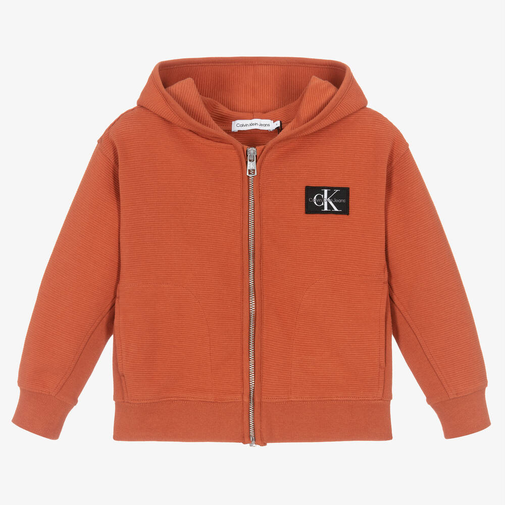 Calvin Klein - Sweat à capuche zippé orange en coton garçon | Childrensalon
