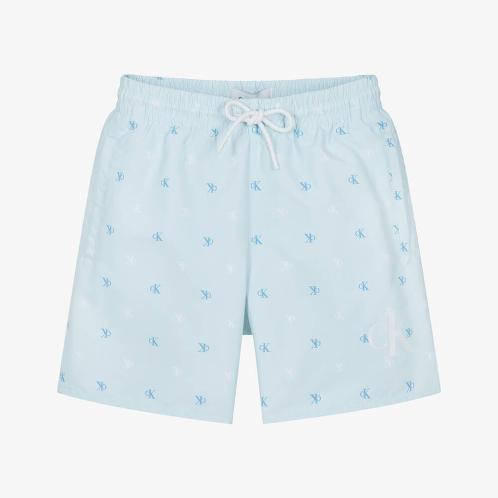 Calvin Klein-Boys Pale Blue CK Monogram Logo Print Swim Shorts | Childrensalon Outlet