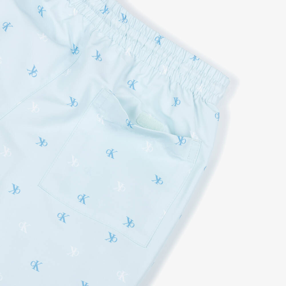 Calvin Klein-Boys Pale Blue CK Monogram Logo Print Swim Shorts | Childrensalon Outlet