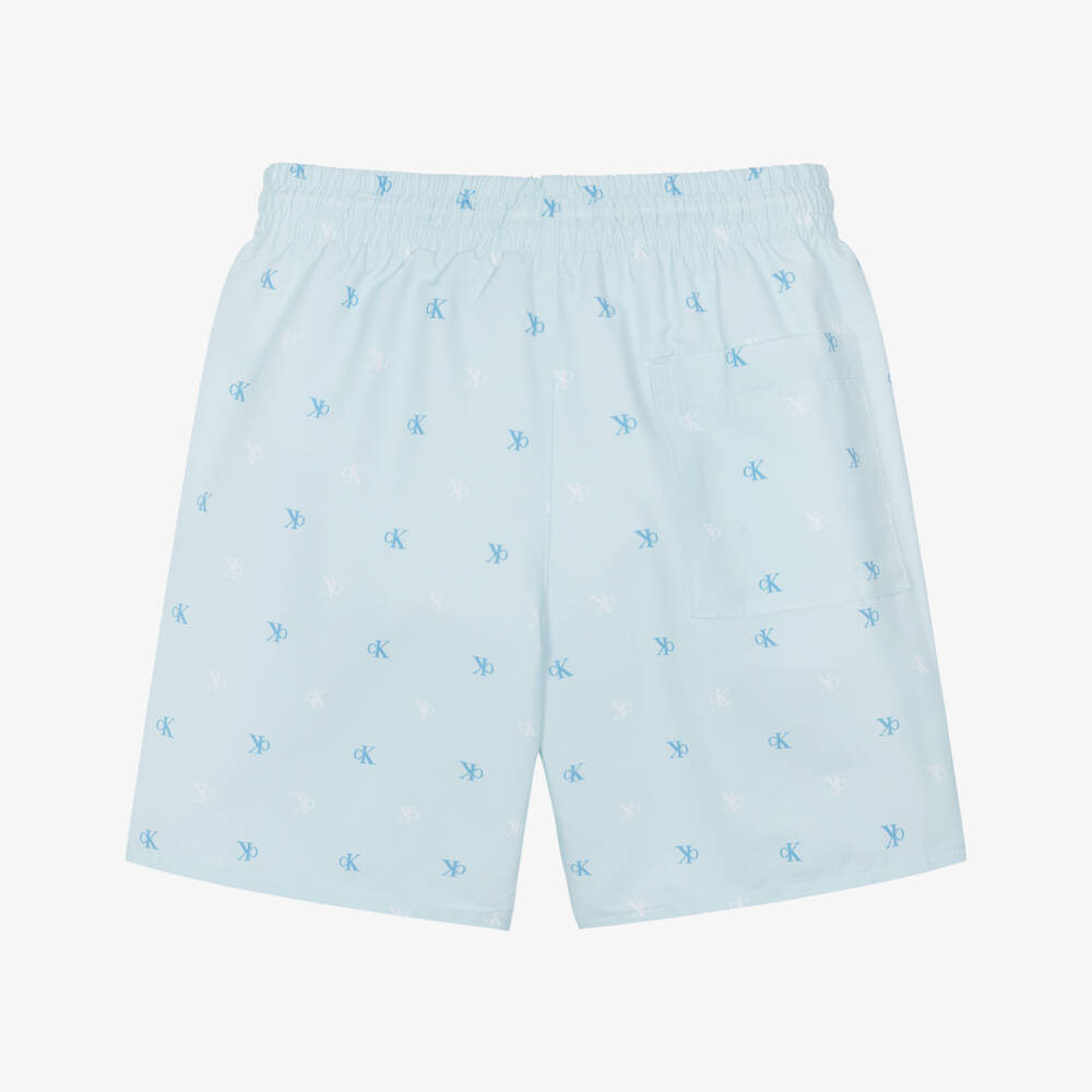 Calvin Klein-Boys Pale Blue CK Monogram Logo Print Swim Shorts | Childrensalon Outlet