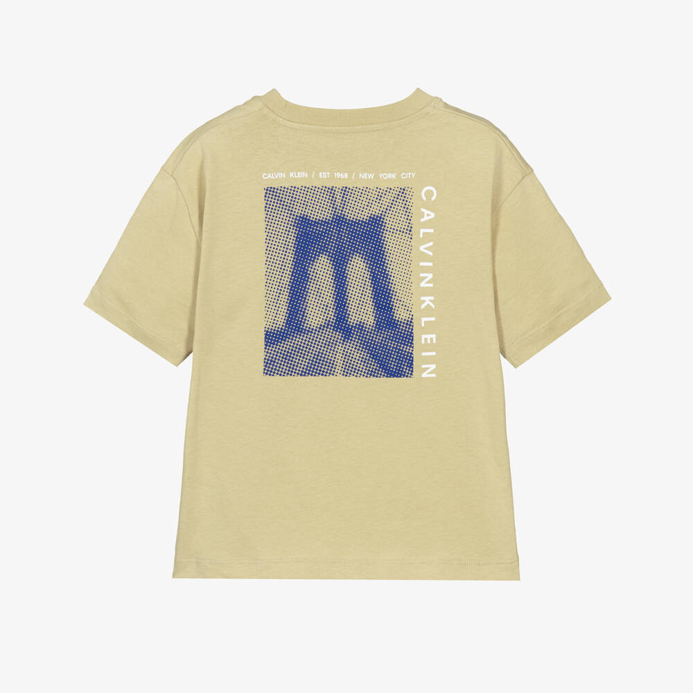 Calvin Klein-Boys Pale Khaki Green Cotton T-Shirt with Bridge Graphic | Childrensalon Outlet