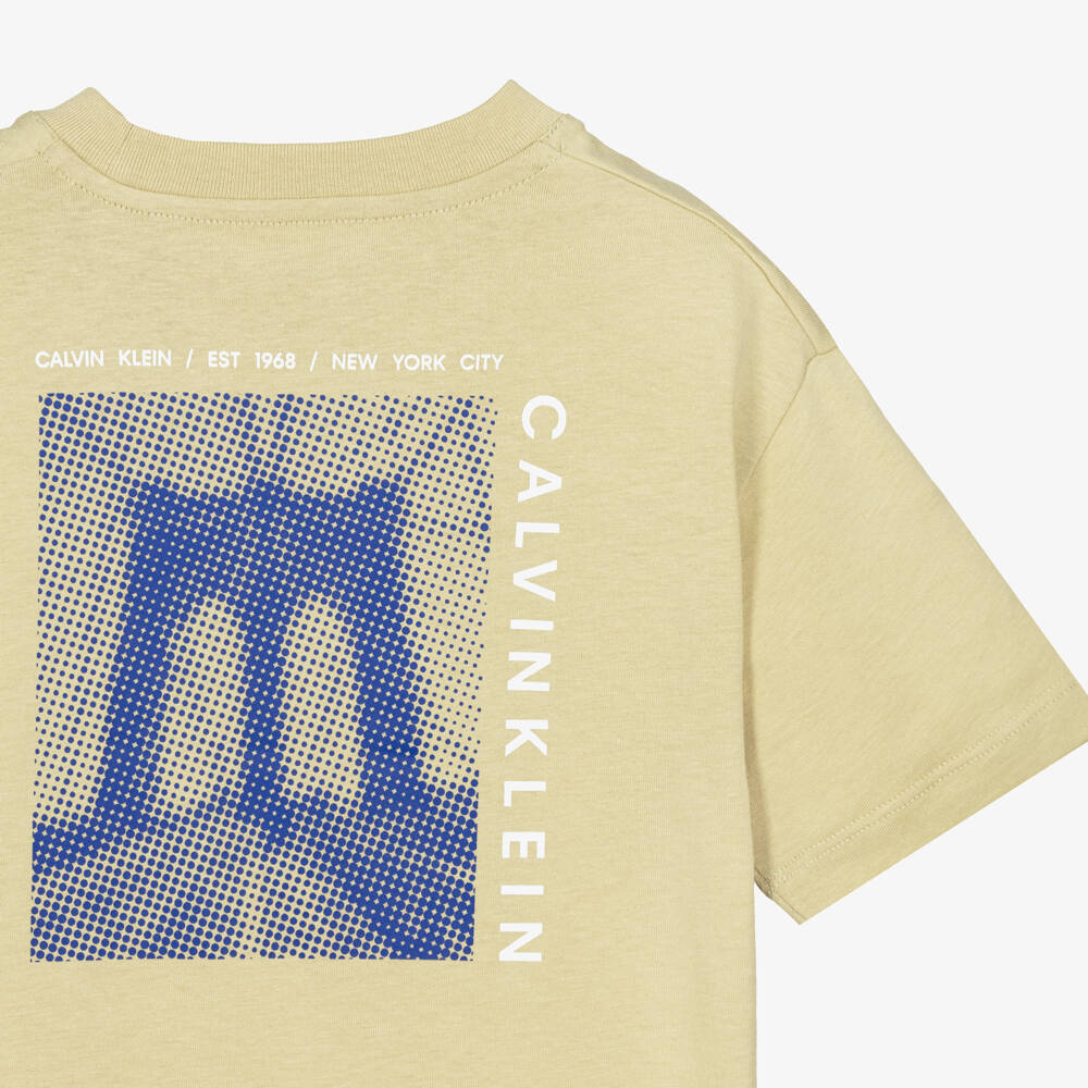 Calvin Klein-Boys Pale Khaki Green Cotton T-Shirt with Bridge Graphic | Childrensalon Outlet