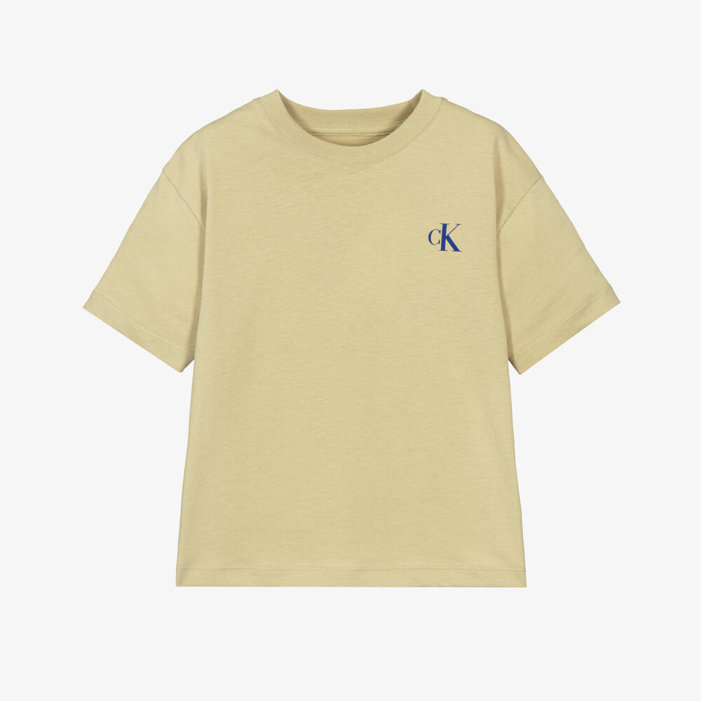 Calvin Klein-Boys Pale Khaki Green Cotton T-Shirt with Bridge Graphic | Childrensalon Outlet