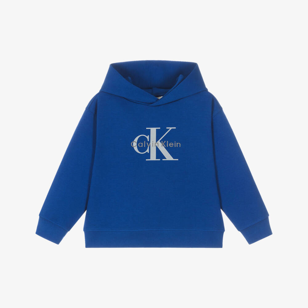 Calvin Klein-Boys Royal Blue Cotton Hoodie with Grey Monogram Logo | Childrensalon Outlet