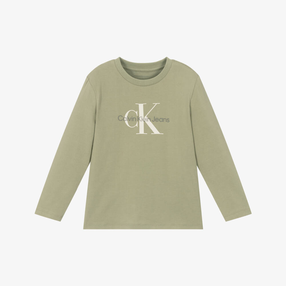 Calvin Klein-تيشيرت بأكمام طويلة باللون الأخضر الحكيم للأولاد | Childrensalon Outlet