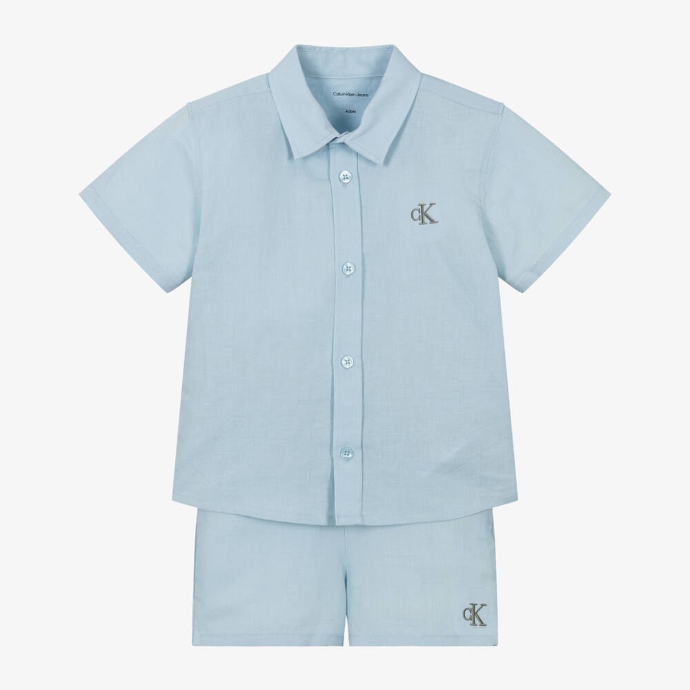 Calvin Klein-طقم شورتات صبي بلون السماء من مزيج الكتان | Childrensalon Outlet