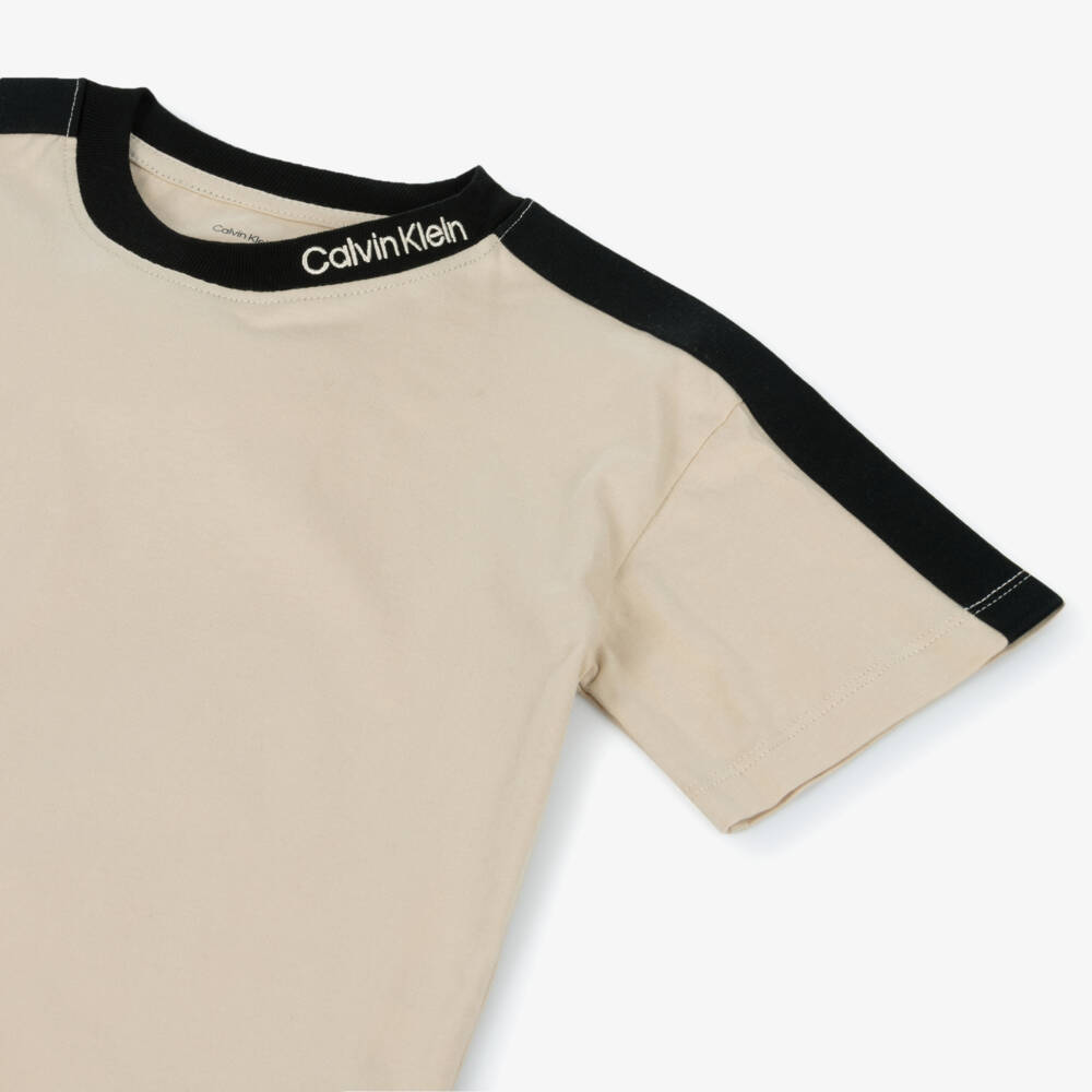 Calvin Klein-Boys Soft Beige & Black Trim Tee | Childrensalon Outlet