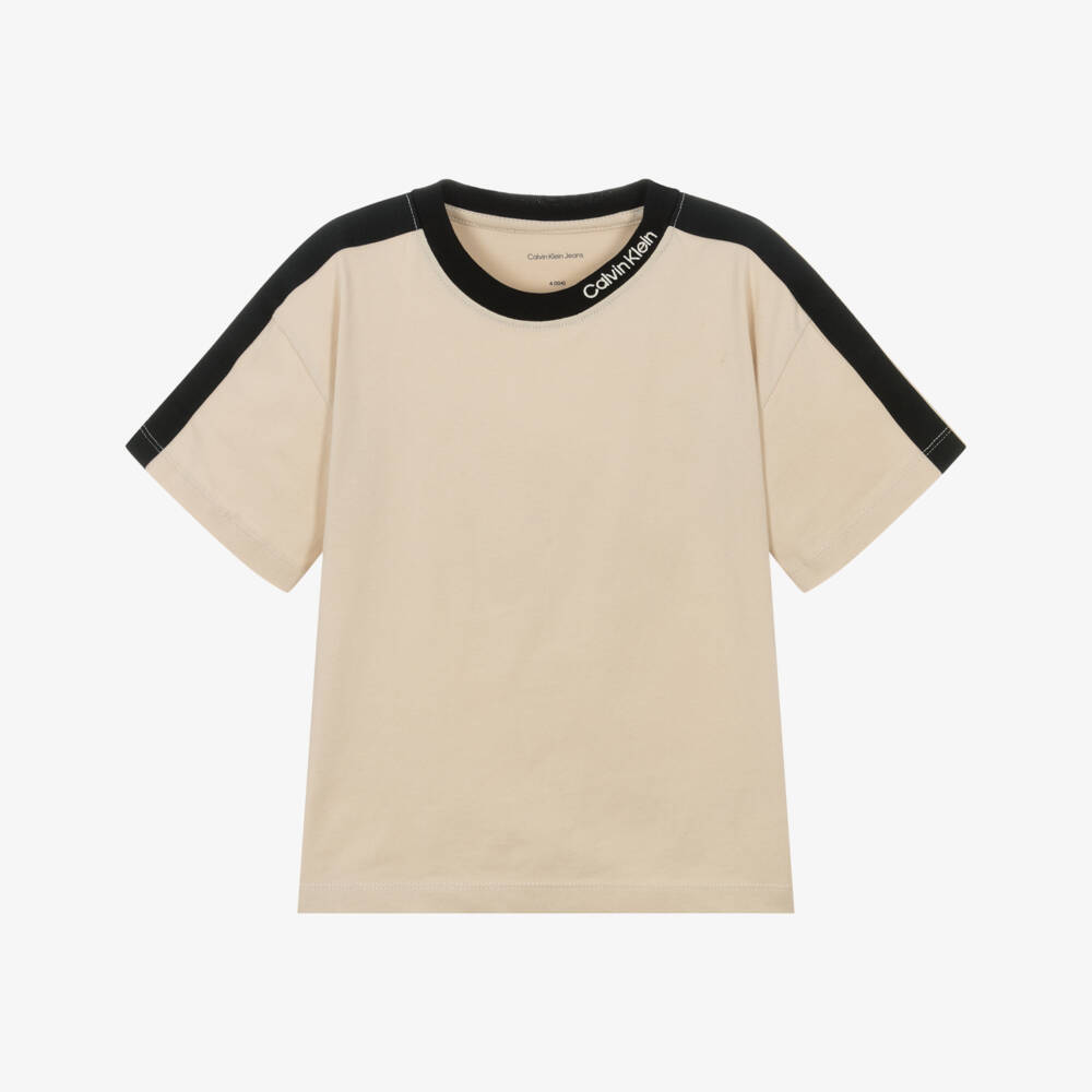 Calvin Klein-Boys Soft Beige & Black Trim Tee | Childrensalon Outlet