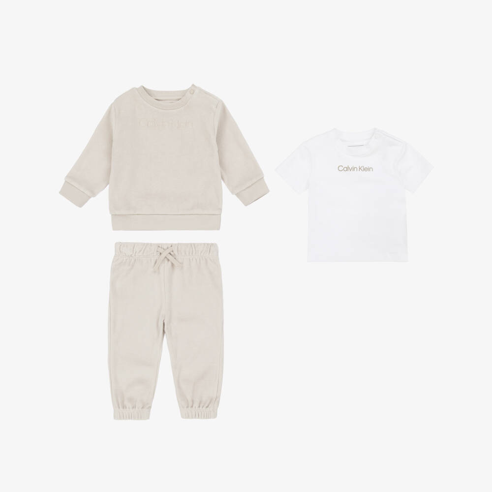 Calvin Klein-Boys Velour Beige Tracksuit Ensemble | Childrensalon Outlet