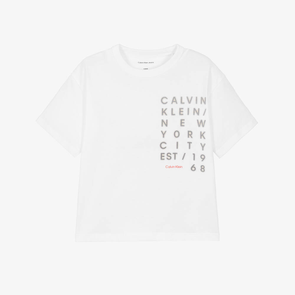 Calvin Klein-Boys White Cotton New York Logo Print T-Shirt | Childrensalon Outlet