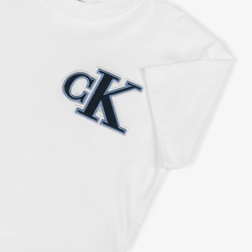 Calvin Klein-Boys White Cotton T-Shirt with Blue CK Monogram | Childrensalon Outlet