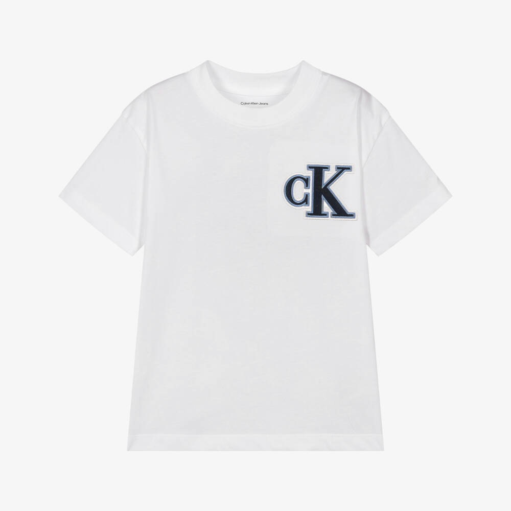 Calvin Klein-Boys White Cotton T-Shirt with Blue CK Monogram | Childrensalon Outlet