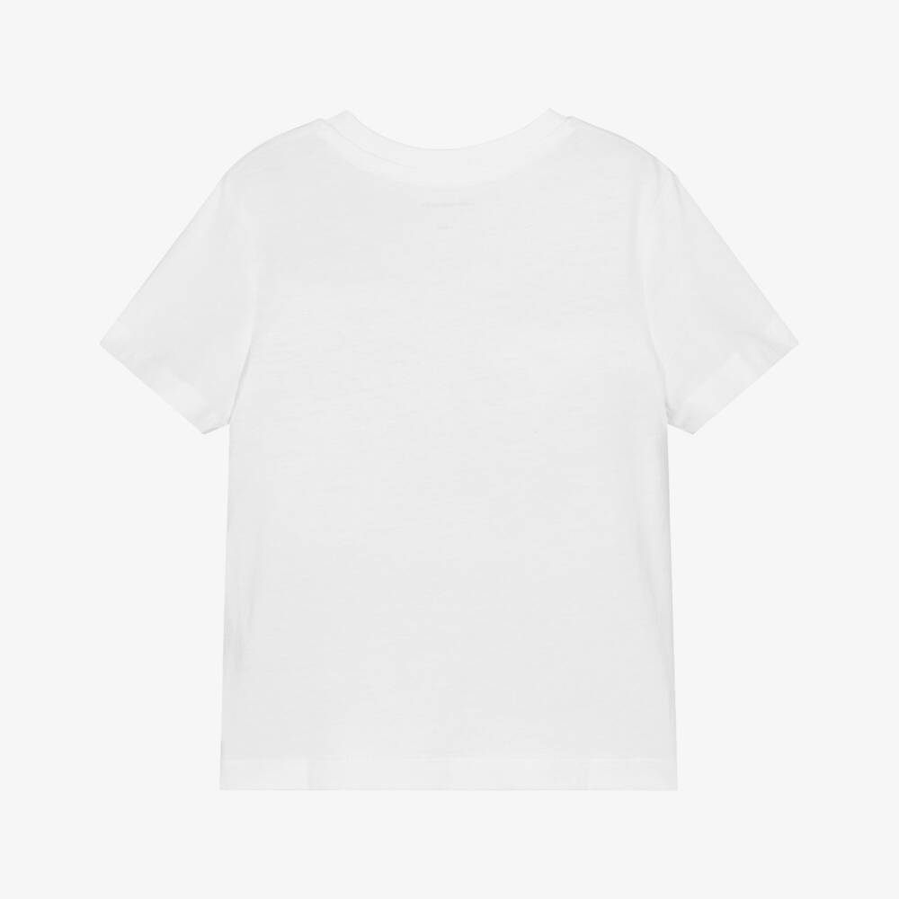 Calvin Klein-Boys White Cotton T-Shirt with Blue Stripe & Monogram Logo | Childrensalon Outlet