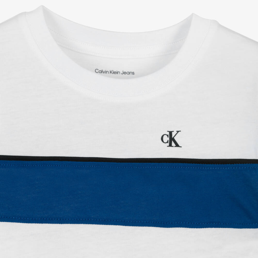 Calvin Klein-Boys White Cotton T-Shirt with Blue Stripe & Monogram Logo | Childrensalon Outlet