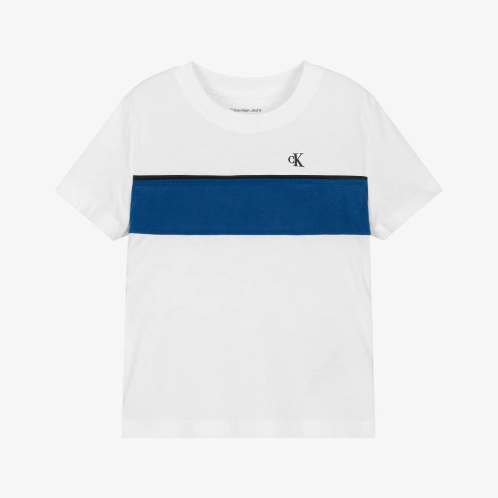 Calvin Klein-Boys White Cotton T-Shirt with Blue Stripe & Monogram Logo | Childrensalon Outlet