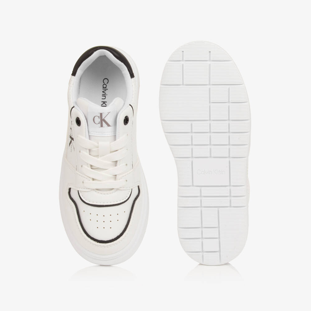 Calvin Klein-Boys White Faux Leather Trainers with Black Detailing | Childrensalon Outlet