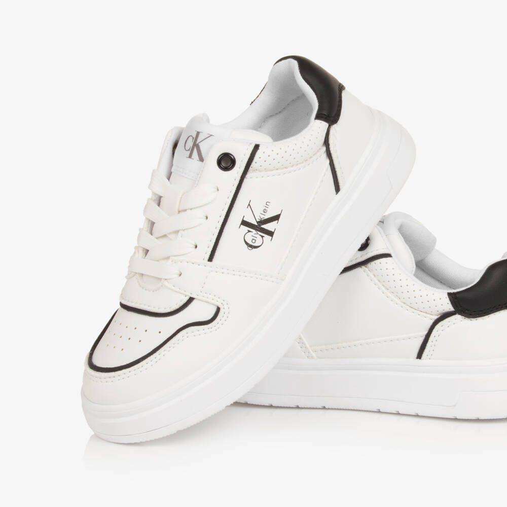 Calvin Klein-Boys White Faux Leather Trainers with Black Detailing | Childrensalon Outlet