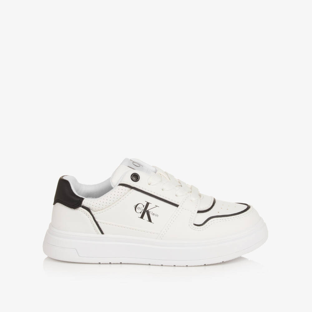 Calvin Klein-Boys White Faux Leather Trainers with Black Detailing | Childrensalon Outlet