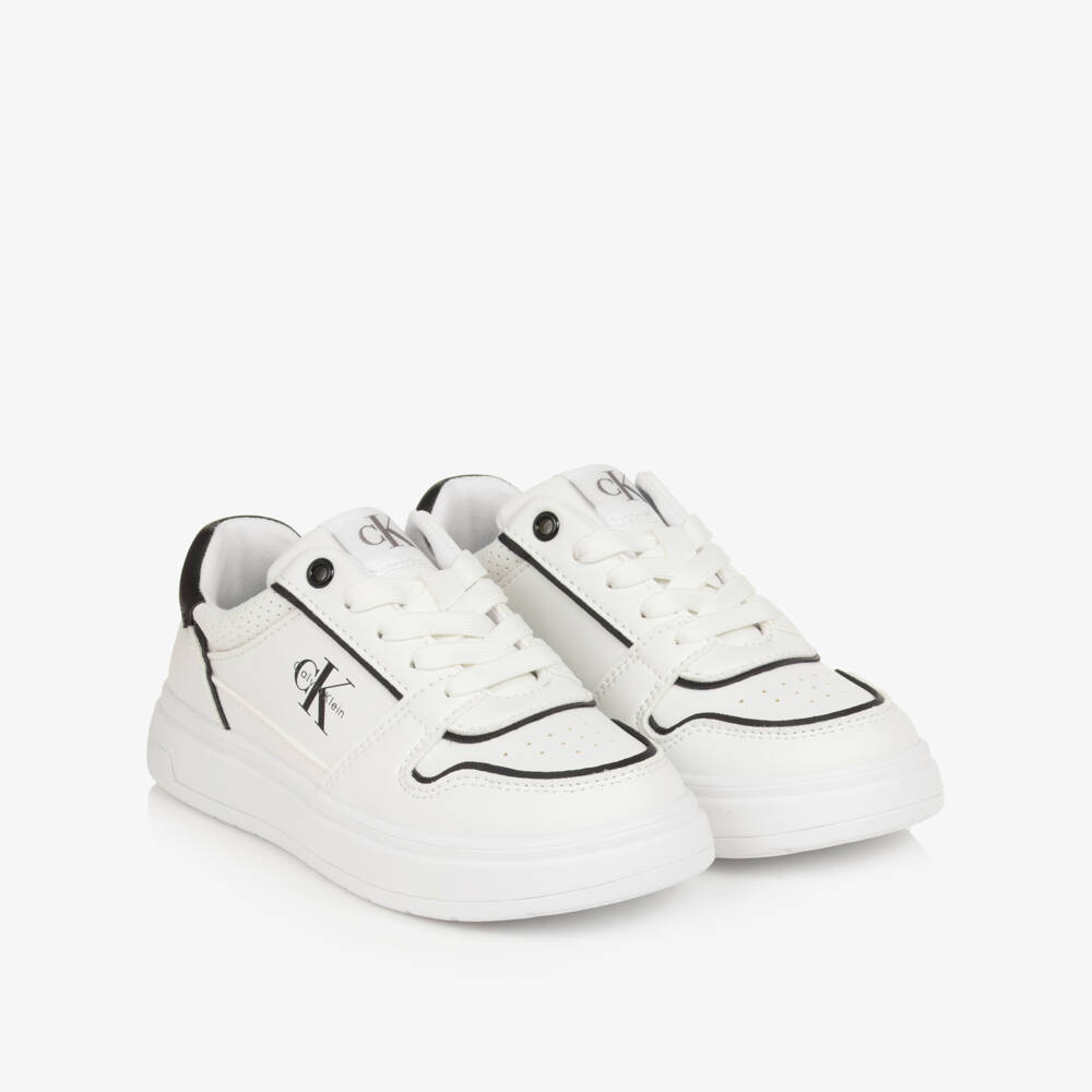 Calvin Klein-Boys White Faux Leather Trainers with Black Detailing | Childrensalon Outlet