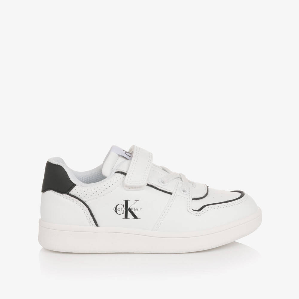 Calvin Klein-Boys White Faux Leather Trainers with Black Trim | Childrensalon Outlet