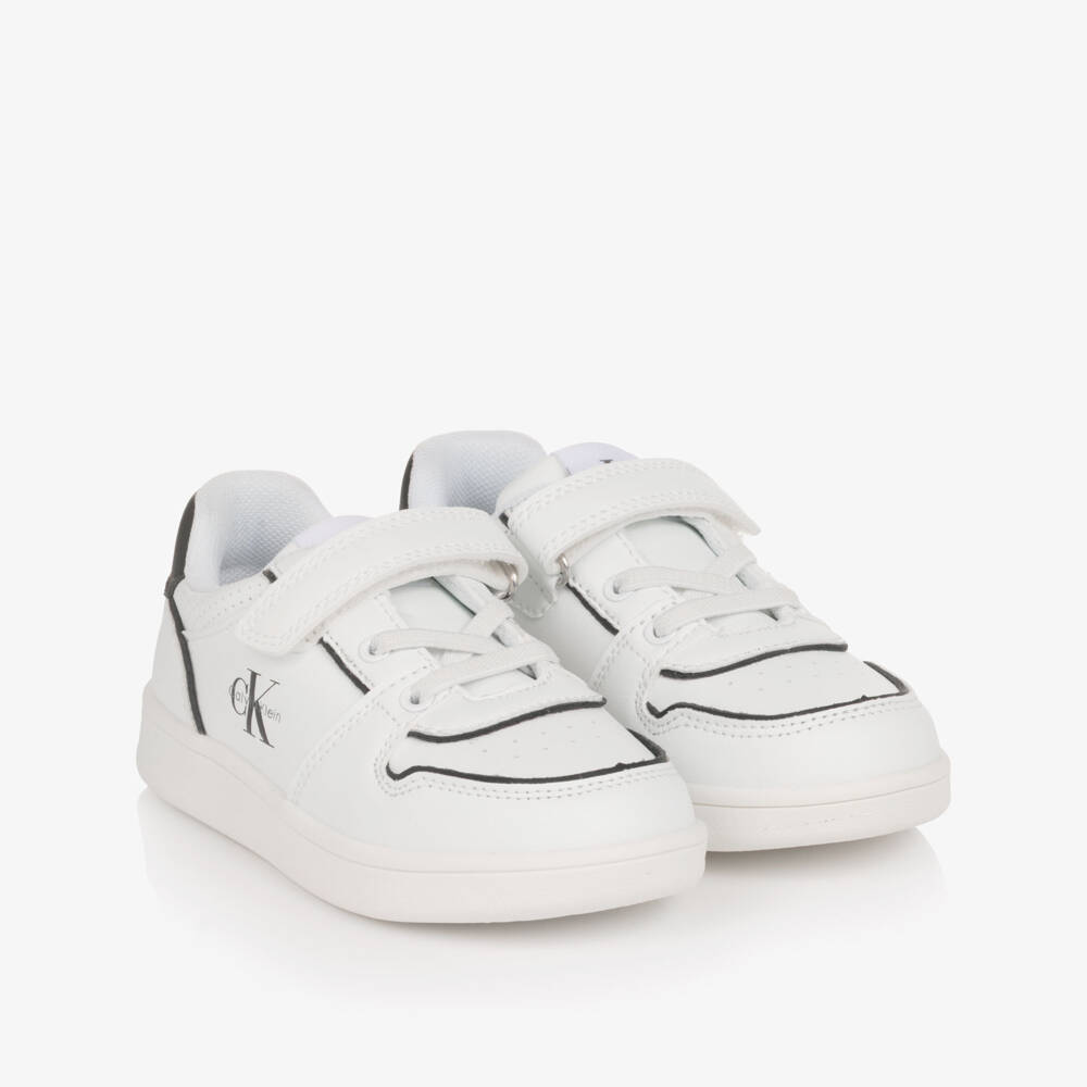 Calvin Klein-Boys White Faux Leather Trainers with Black Trim | Childrensalon Outlet